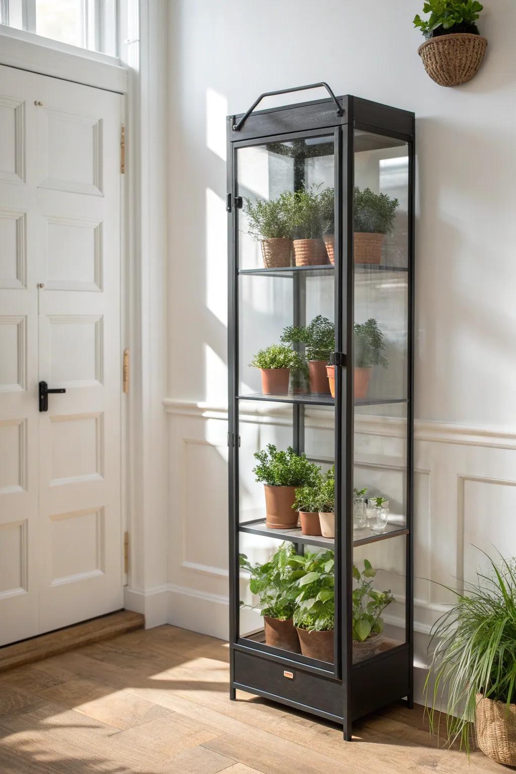 A tall, slim greenhouse cabinet that adds “more greenhouse” without taking more floor space.