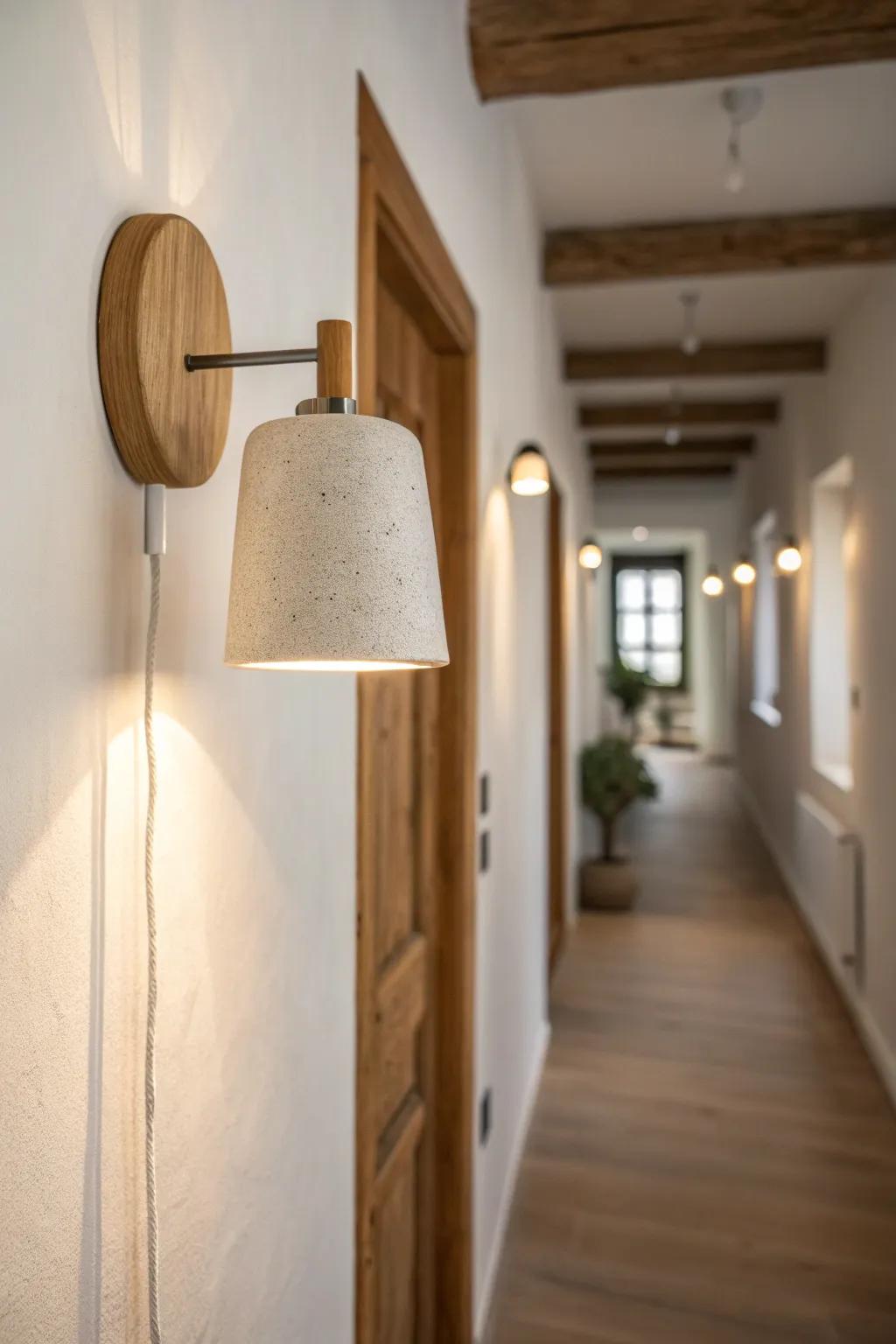 Soft-glow wall sconce adds cozy hallway lighting—no console table needed.
