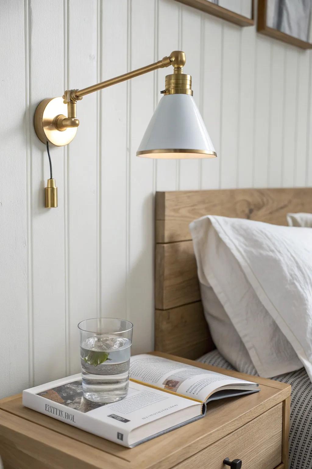 Wall-mounted sconce frees your nightstand—more space, less clutter, instantly calmer.