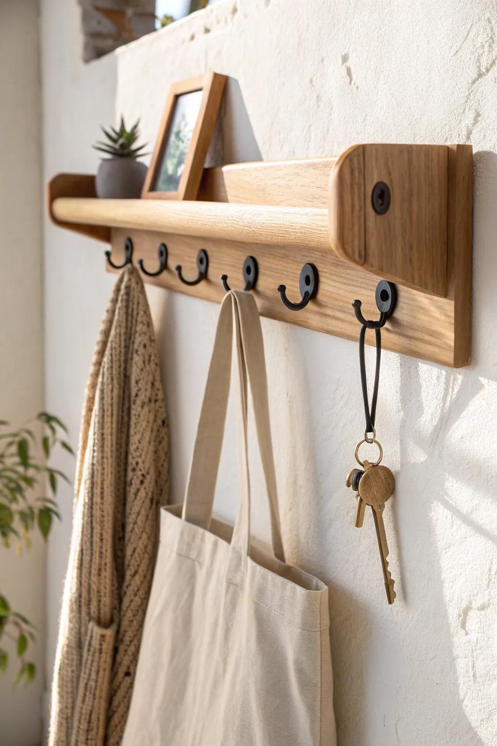 One slim hook-and-tray drop zone: keys and tote stay put, and the whole home feels calmer.