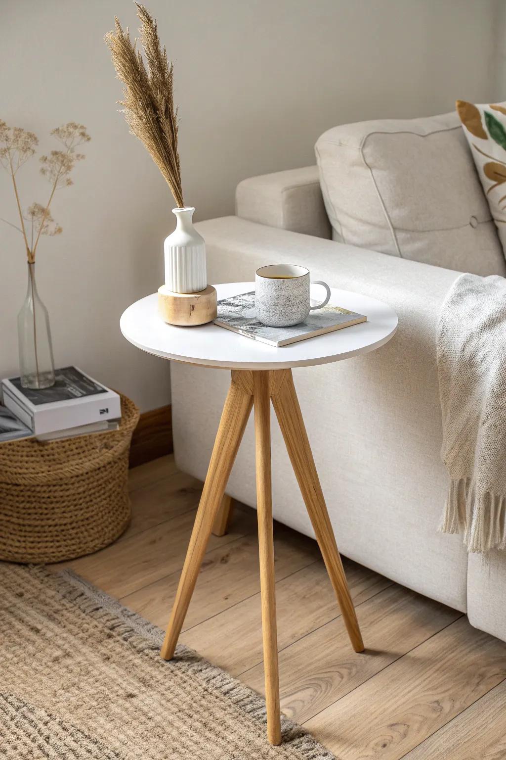 Swap bulky tables for a slim side table—airy function and more floor space in a small living room.