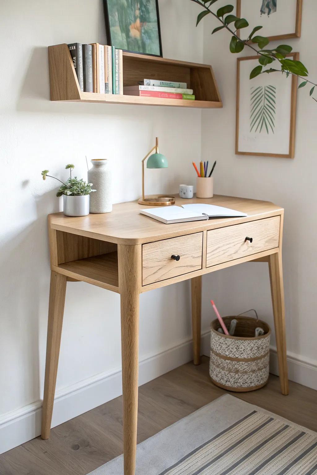 A tiny corner desk + wall shelf turns one square of space into a calm homework nook.