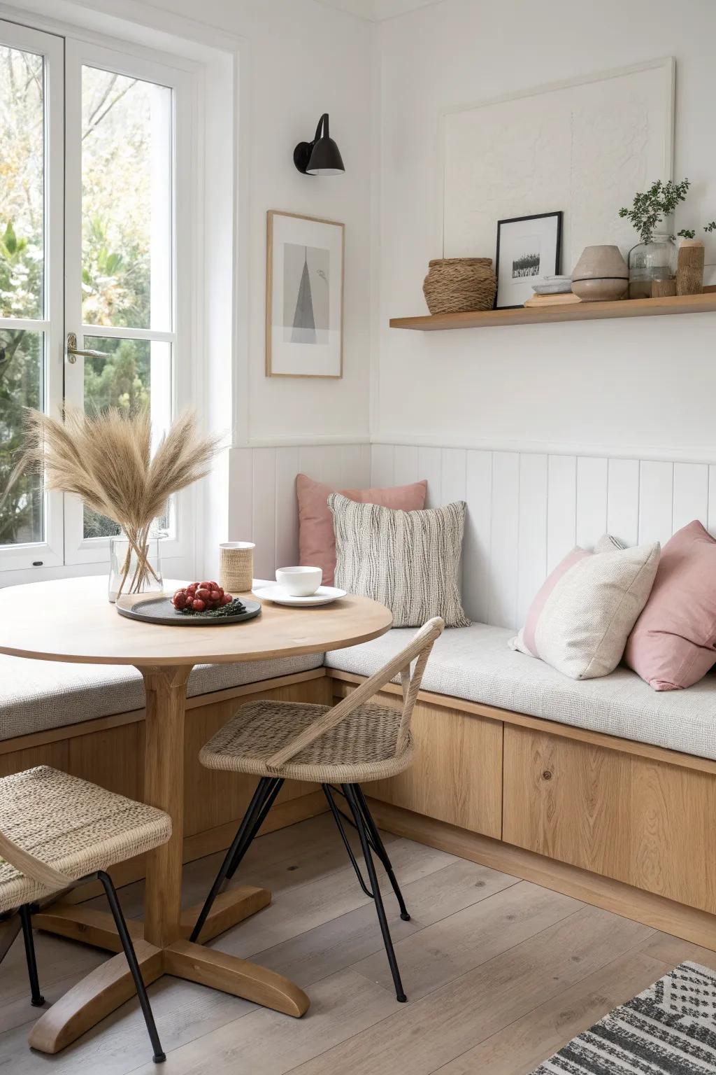 A space-saving corner banquette makes a tiny kitchen feel open—and instantly more inviting.