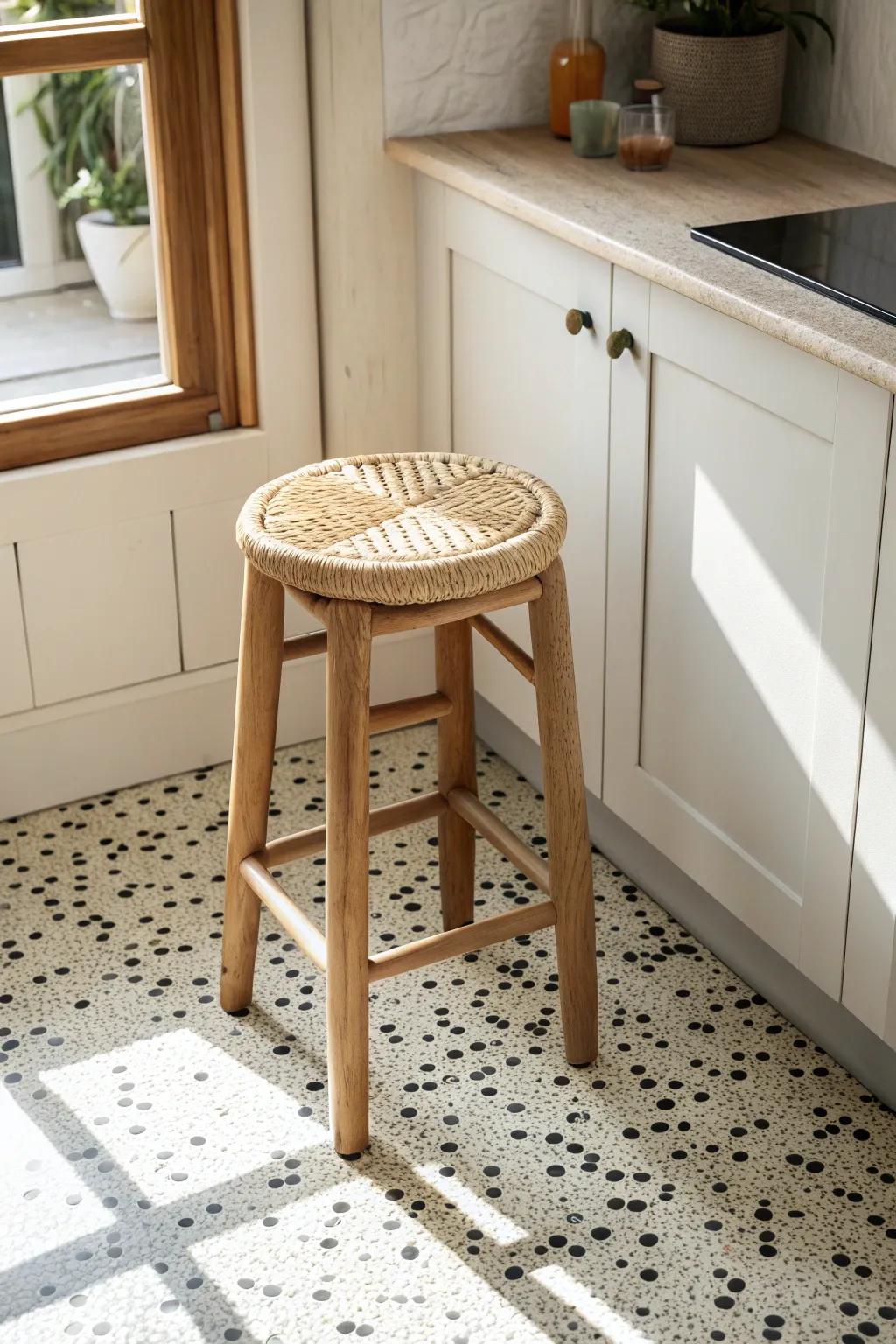 Terrazzo speckles hide everyday crumbs—small-kitchen flooring that looks playful and polished.