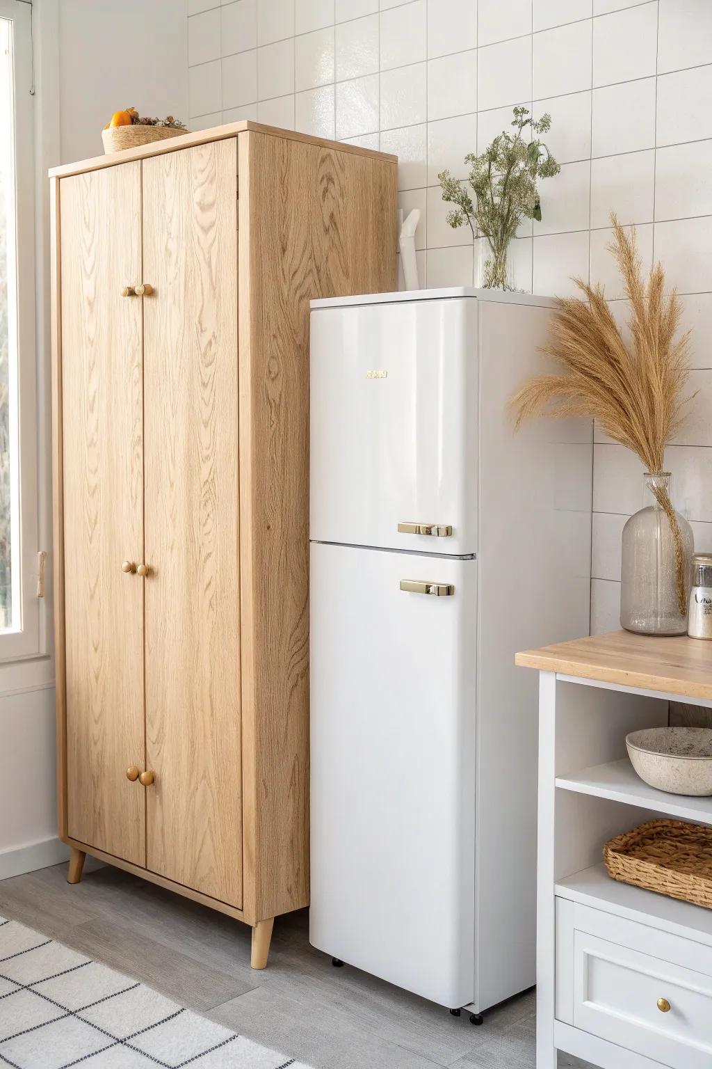 Add a slim cabinet above the fridge to turn dead space into calm, hidden storage.