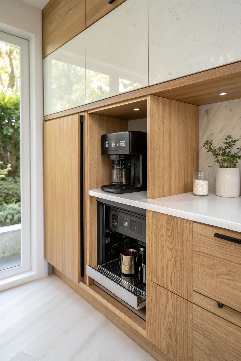 A serene small-kitchen peninsula with a hidden appliance niche—clear counters, cozy vibes.