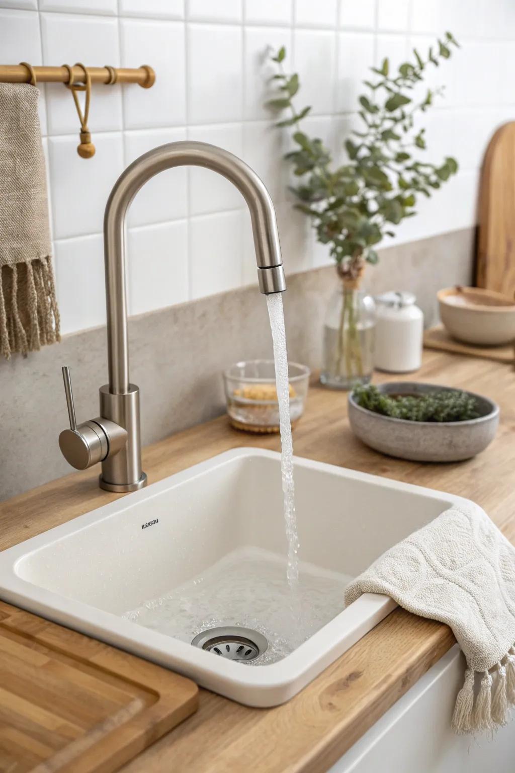 A pull-down sprayer makes a tiny sink feel bigger—rinse corners and clean faster with ease.