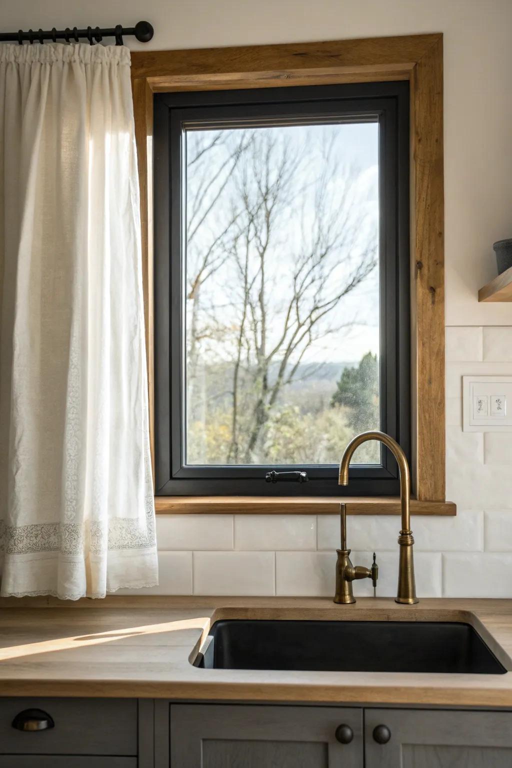 A dark-painted window frame adds instant contrast—turning your tiny sink view into art.