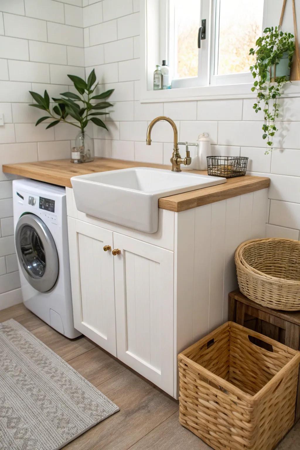 A corner sink with an L-shaped counter creates a surprisingly cozy folding zone in tiny laundries.