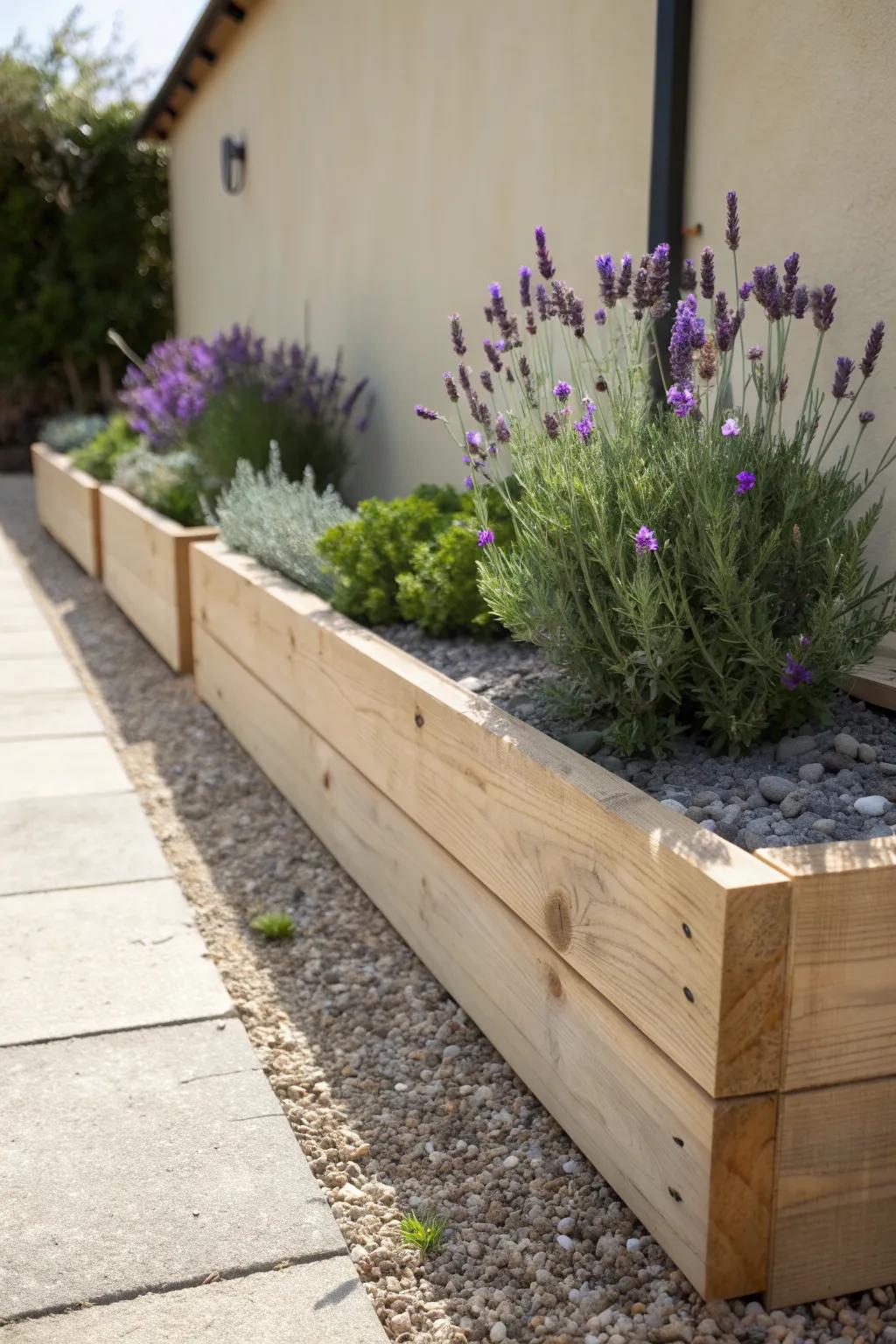 A slim raised bed strip packed with lavender mounds—neat, full, and perfectly small-space friendly.