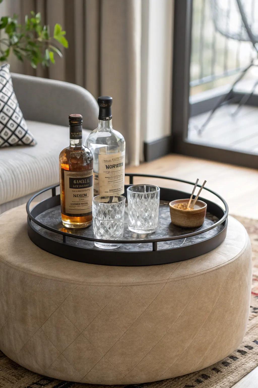 A sleek bar tray on your ottoman keeps small-space sipping stylish, tidy, and ready to host.