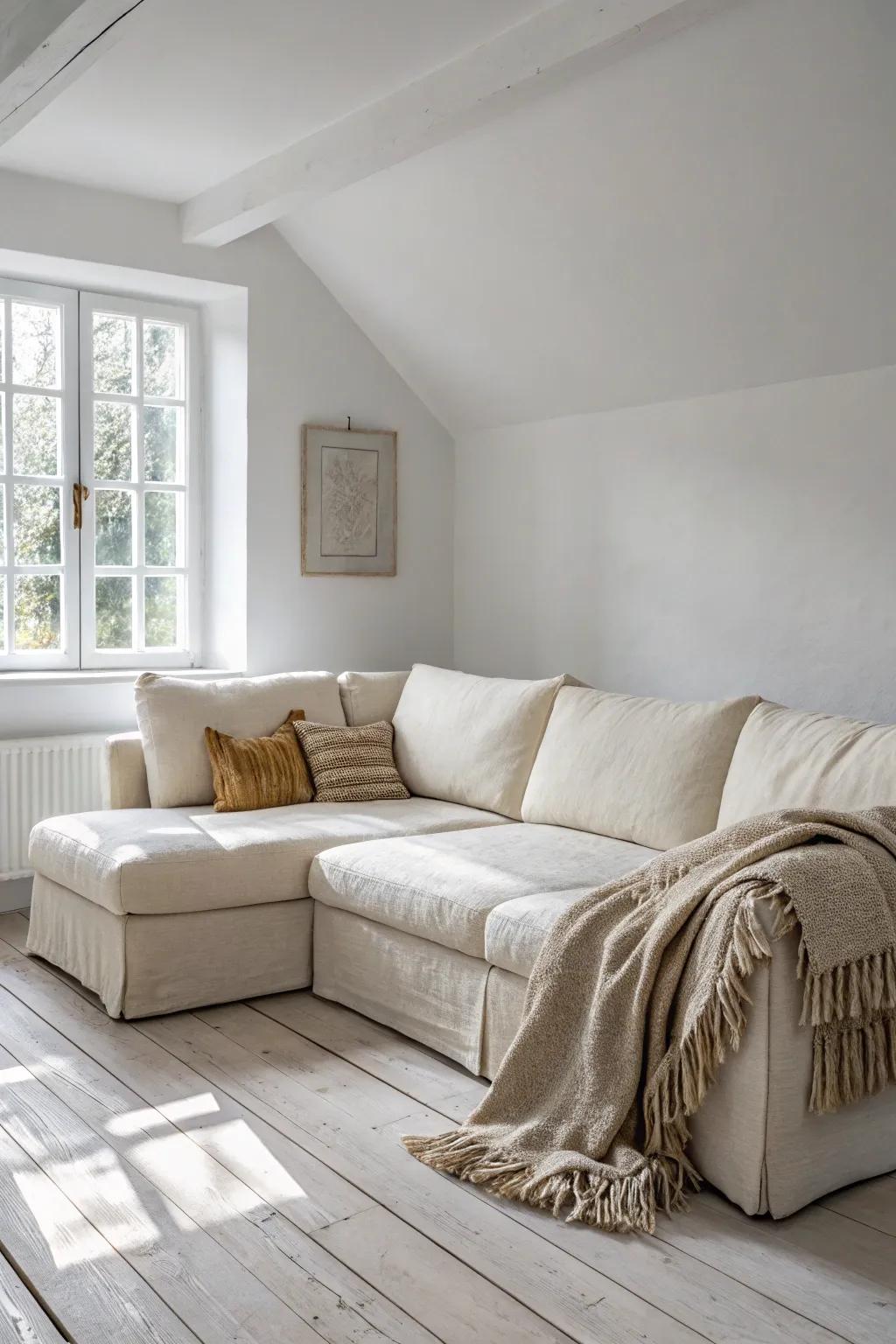 Let one oversized sofa shine—keep the rest of your small living room light and airy.