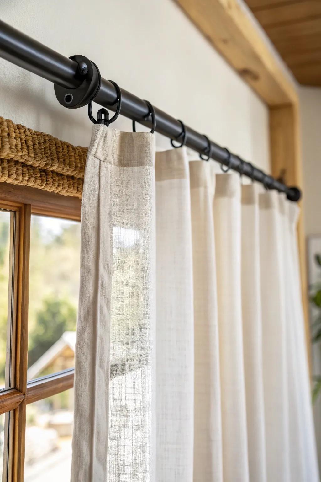 Slim matte-black curtain hardware + airy linen sheers for a taller, calmer window wall.