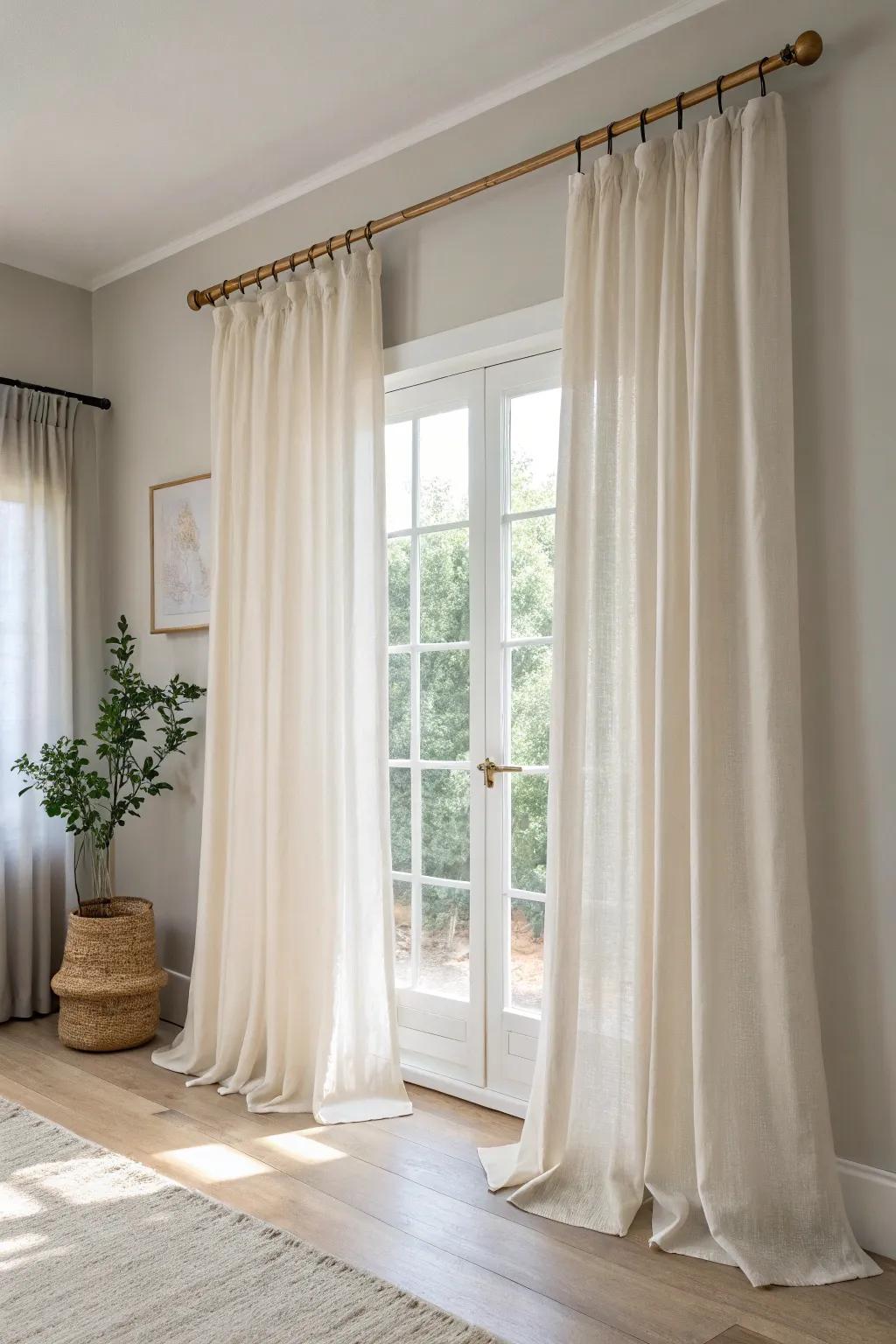 Hang curtains high and wide to make a small living room feel taller, brighter, and bigger.