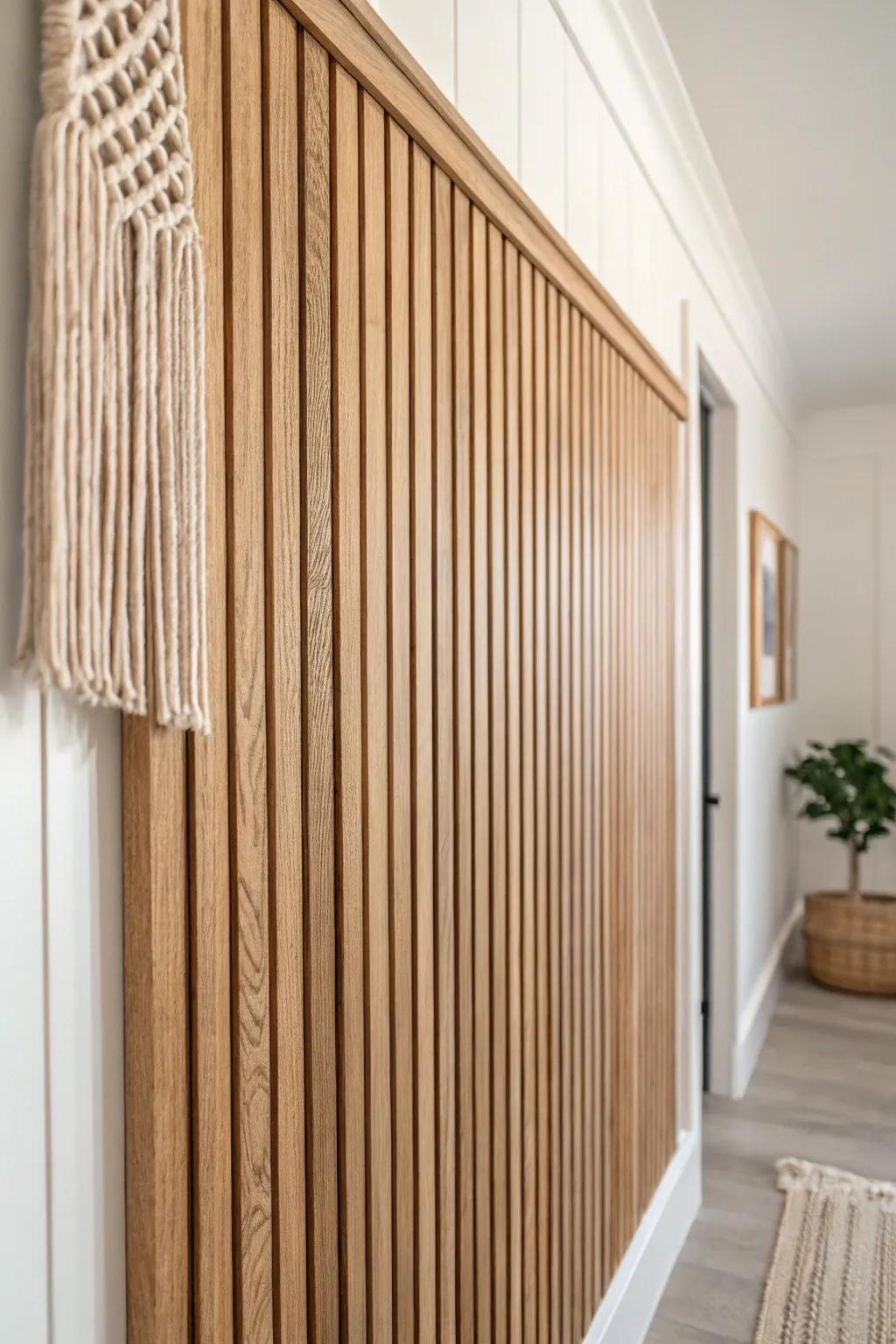 Vertical wood slats lift a small lobby visually—minimal, warm, and beautifully crafted.