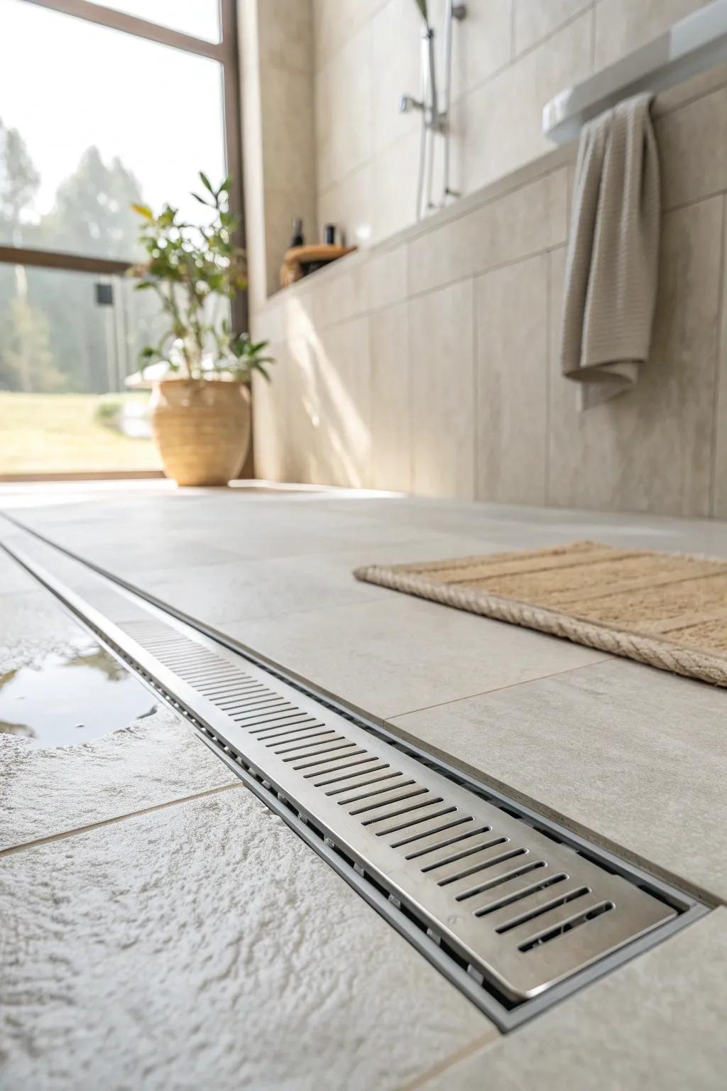 Curbless walk-in shower + sleek linear drain keeps a small master bath feeling open and calm.