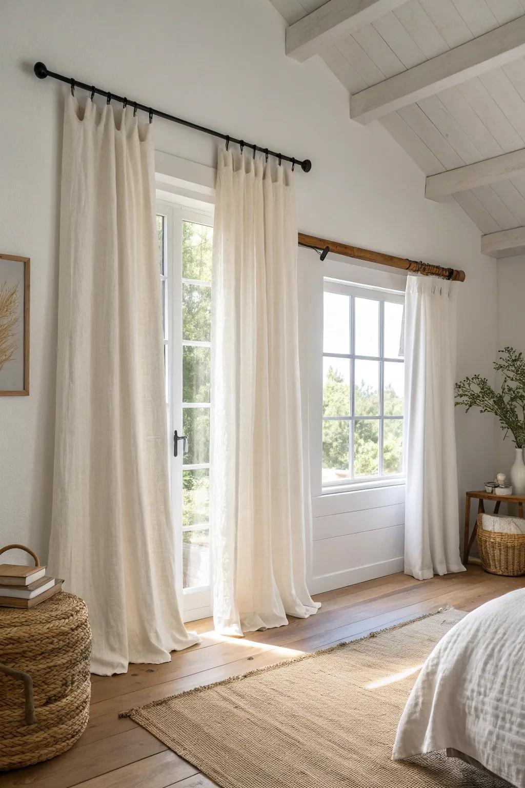 Hang your curtain rod high and wide to make a small master bedroom feel taller and brighter.