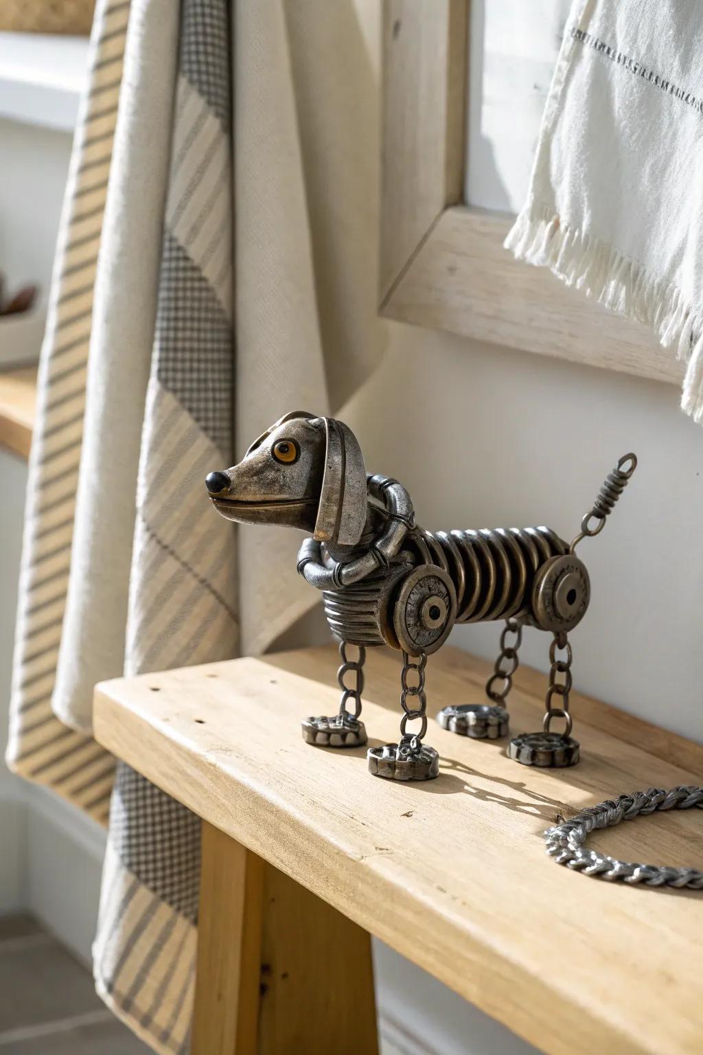 Mini washer‑paw metal dog—rustic charm for a small shelf or key tray, minimalist and cozy.