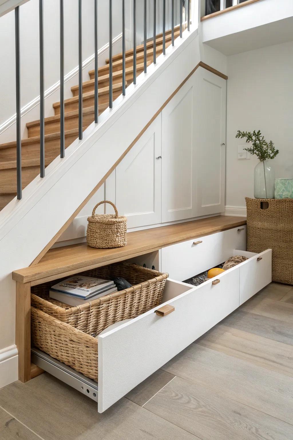 Turn the under-stairs wedge into a modern pull-out drawer—extra storage, zero clutter.