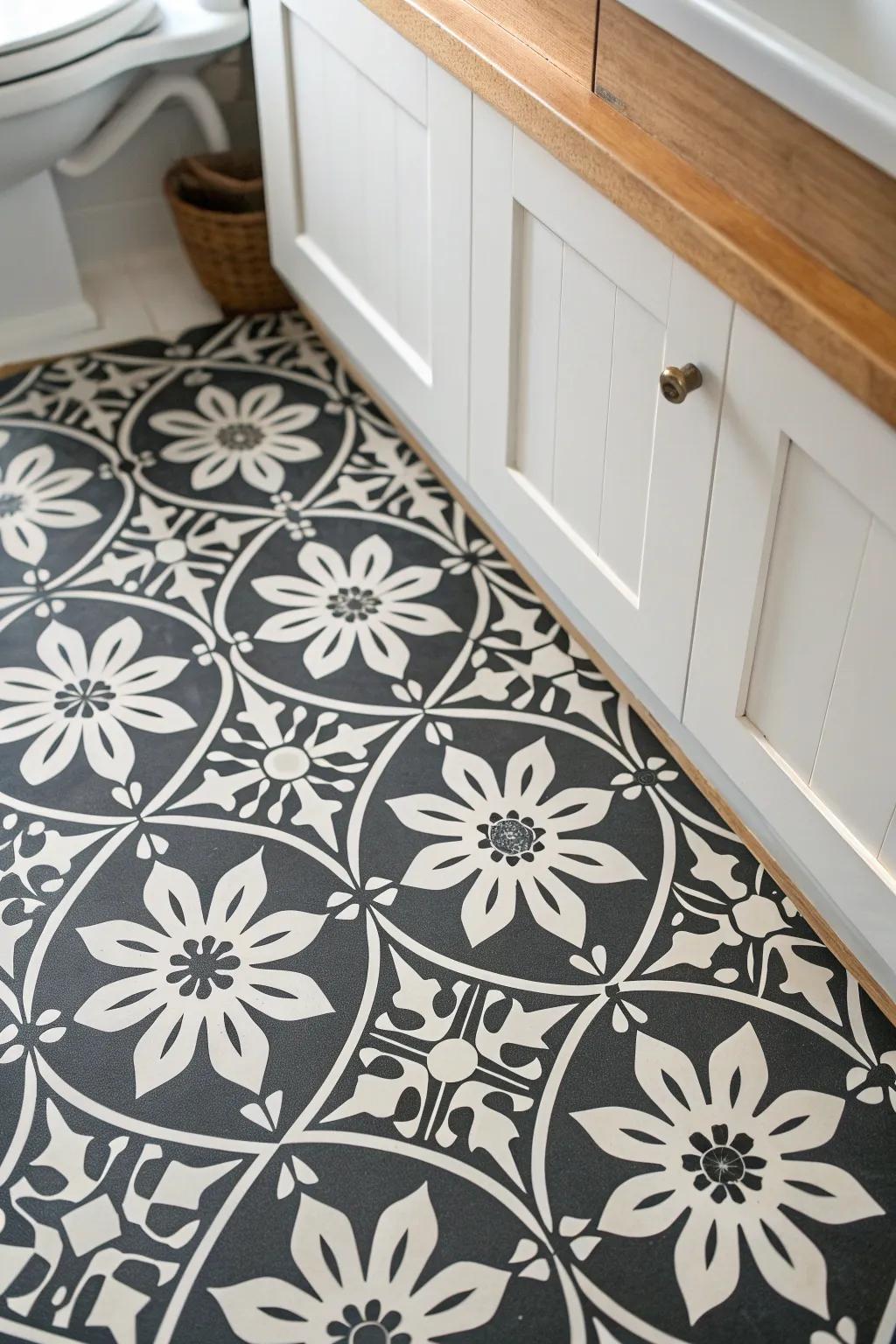 Patterned black-and-white floor tile adds modern farmhouse charm—ideal for a small bathroom.