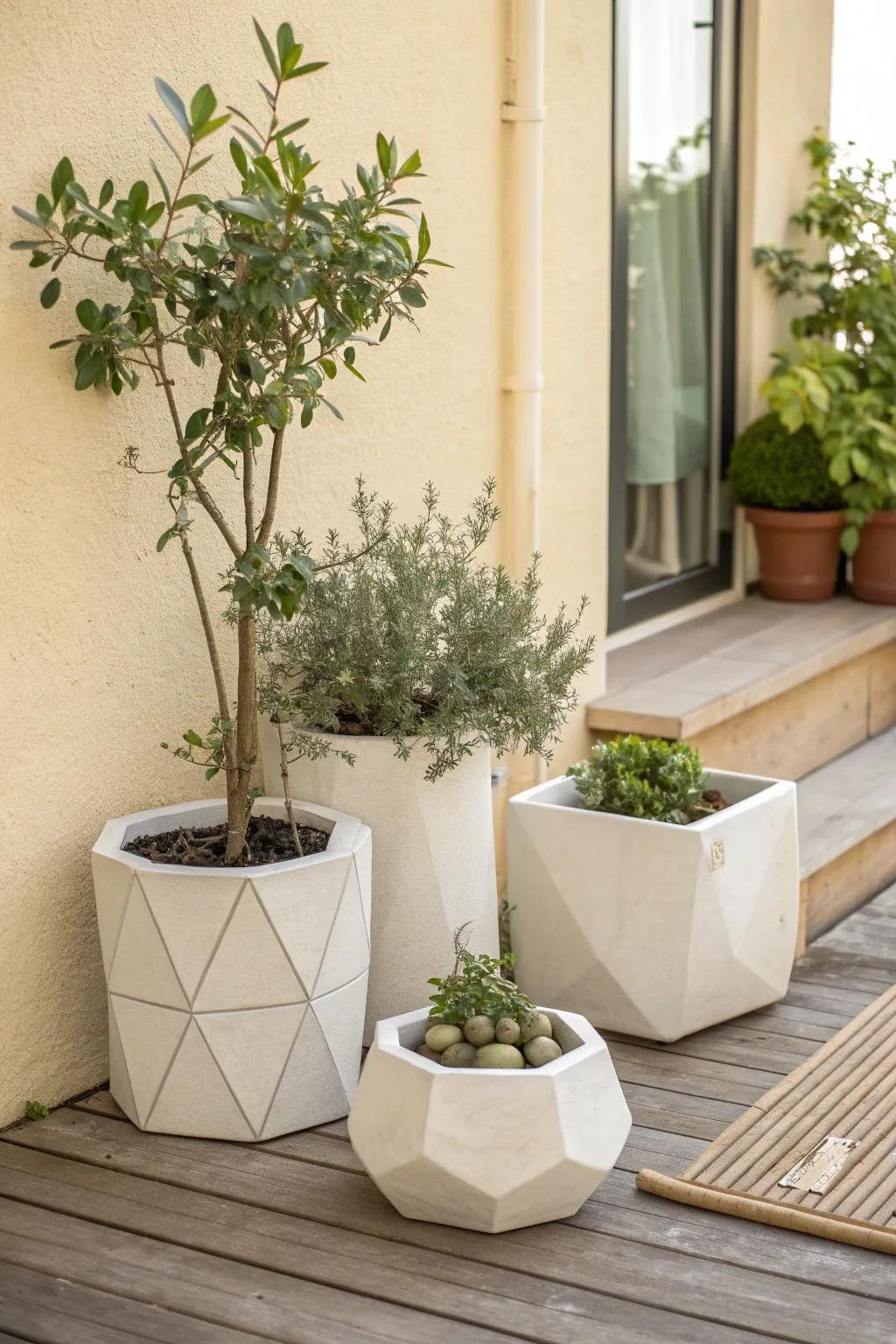 Repeat matching geometric planters for a small-space garden that looks instantly curated.