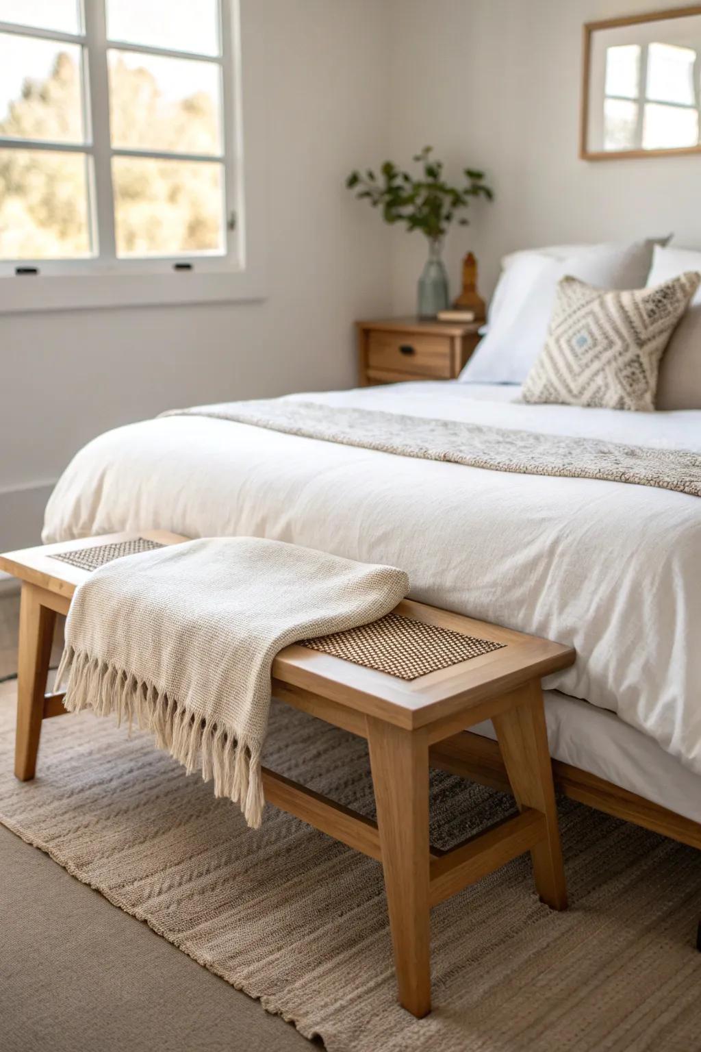 A petite oak bench at the bed’s foot adds instant hotel-suite luxury—without crowding.