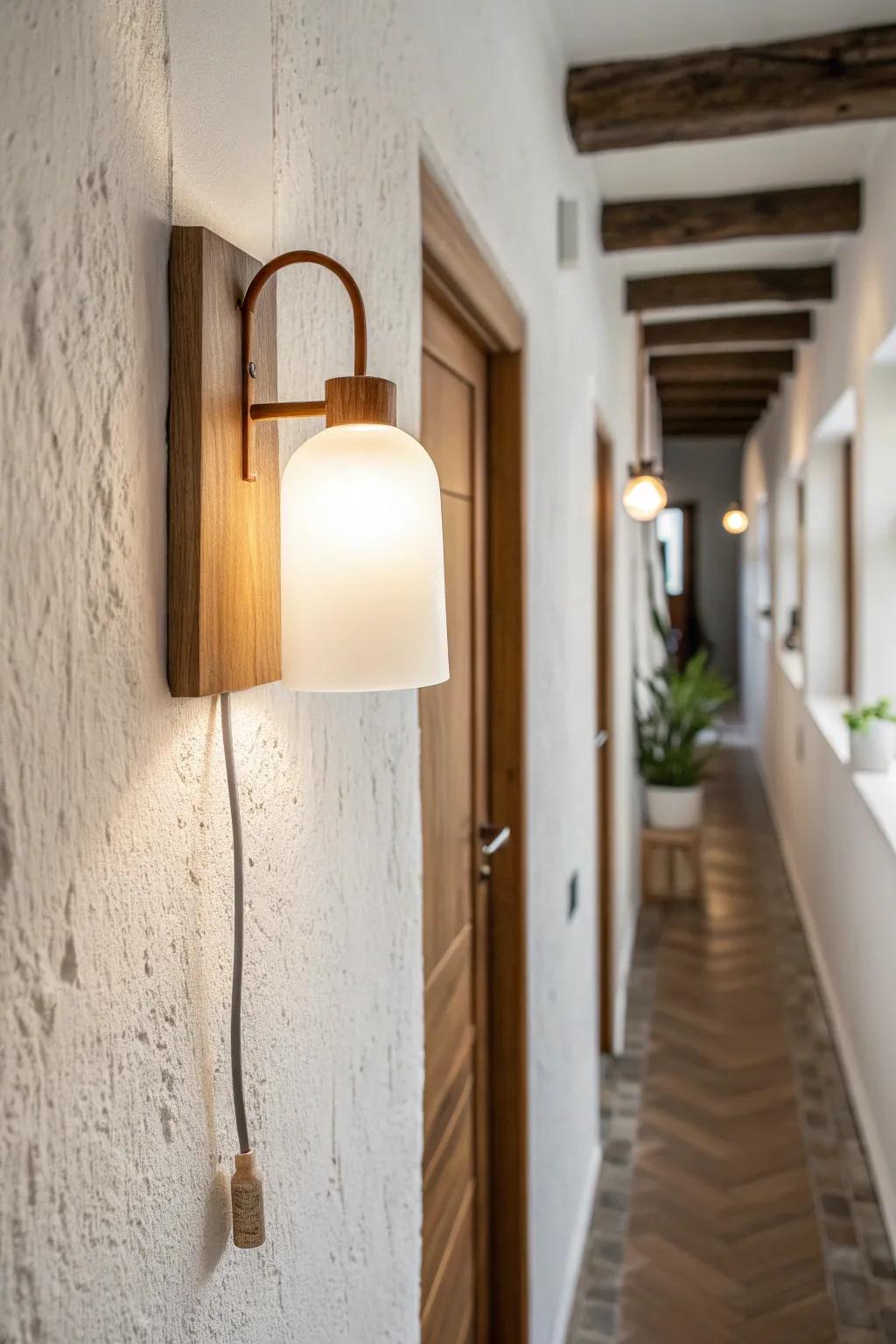 Warm wall sconces add cozy, room-like glow to a narrow hallway—minimal, calm, inviting.