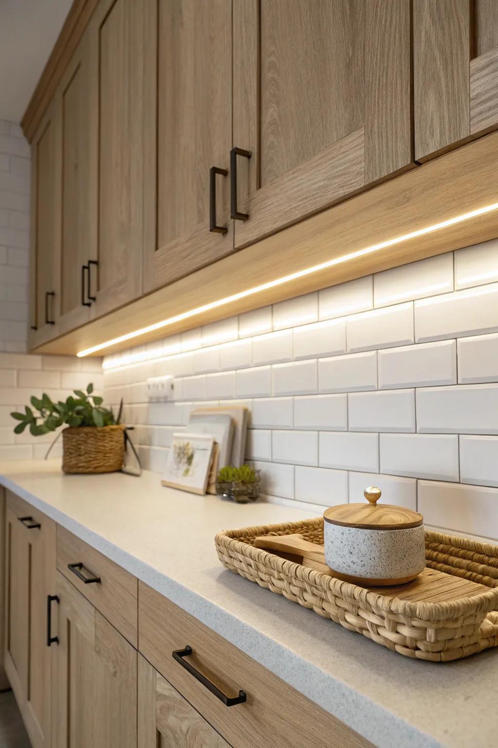 Layered under-cabinet glow that brightens a narrow kitchen run and makes it feel bigger.