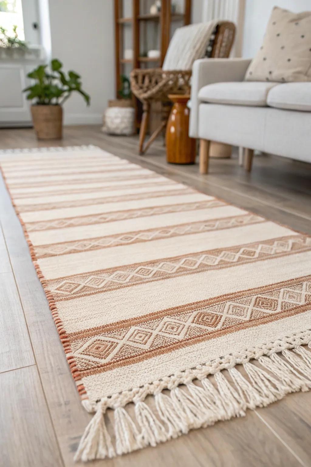 A statement rug defines one cozy seating zone and makes a narrow living room feel wider.