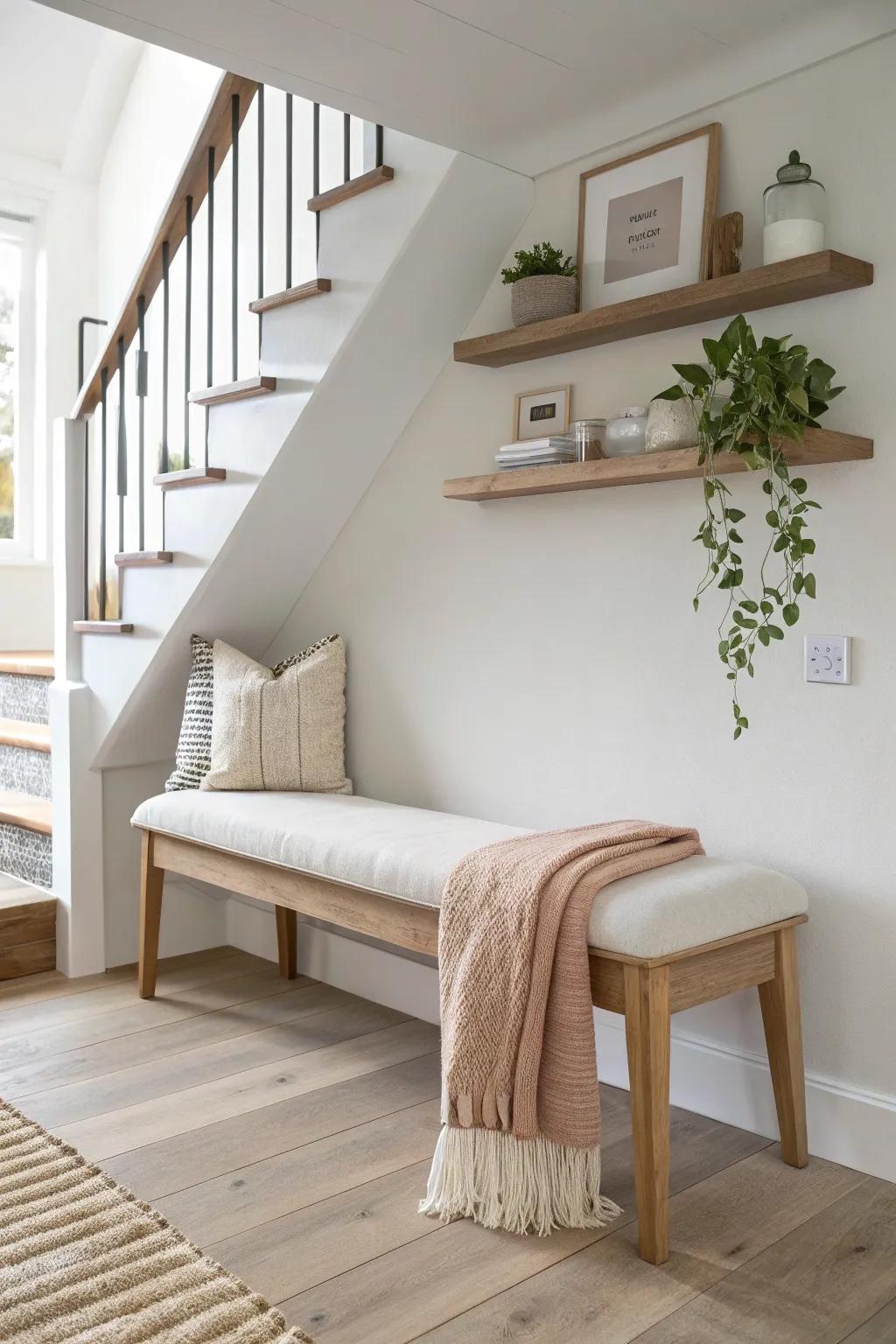 Turn the top-of-stairs landing into a cozy pause spot with a slim bench + shelves.