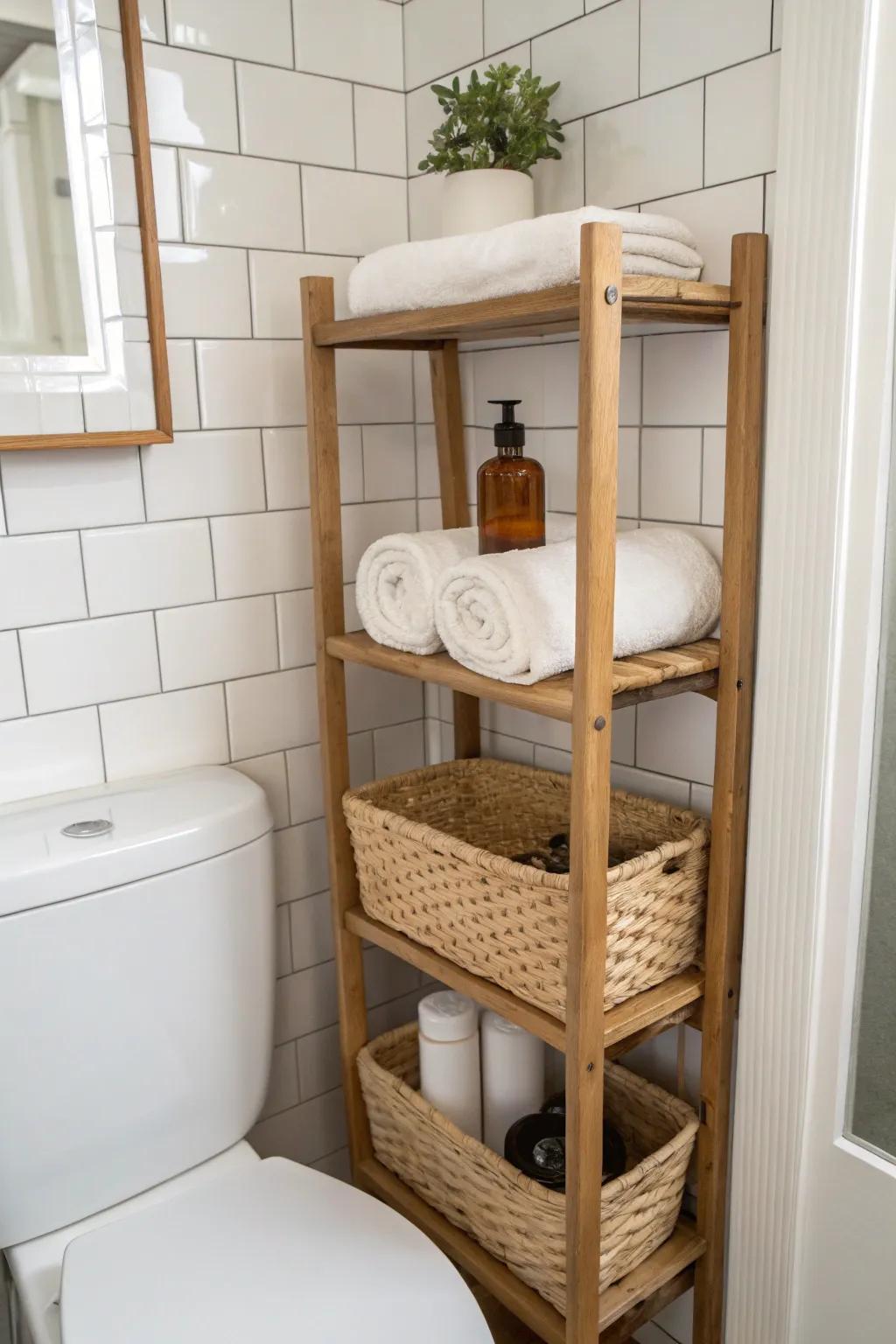 Slim over-the-toilet shelving brings vertical storage to a tiny NYC bathroom—no floor space needed.