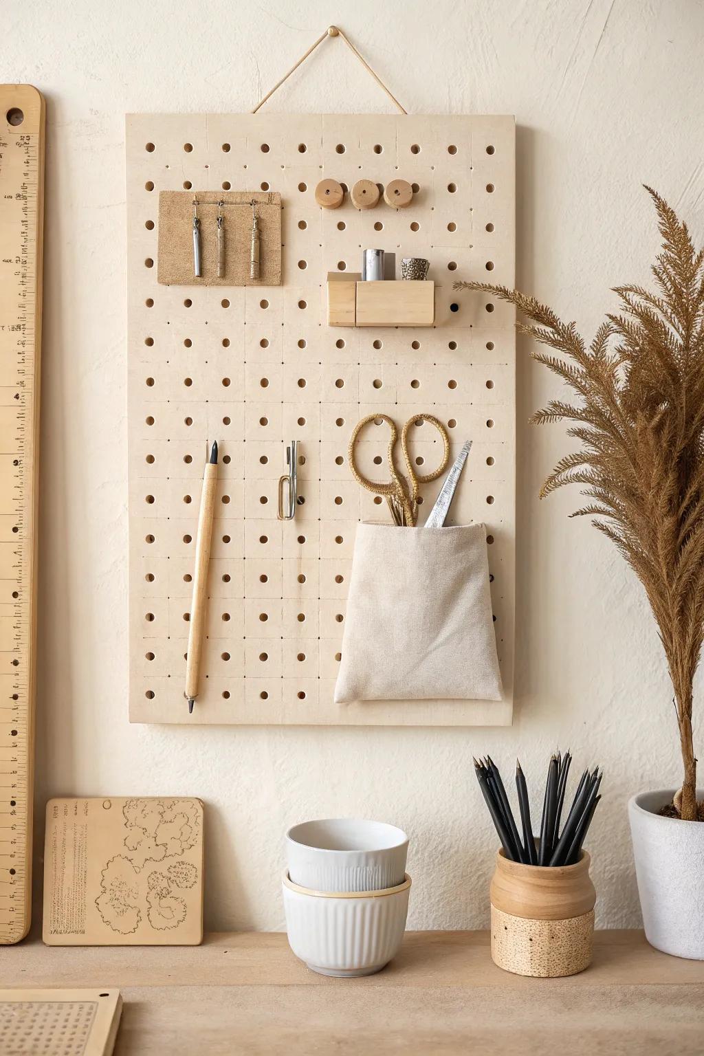 Turn work tools into wall decor: a tidy pegboard keeps your small office calm and organized.