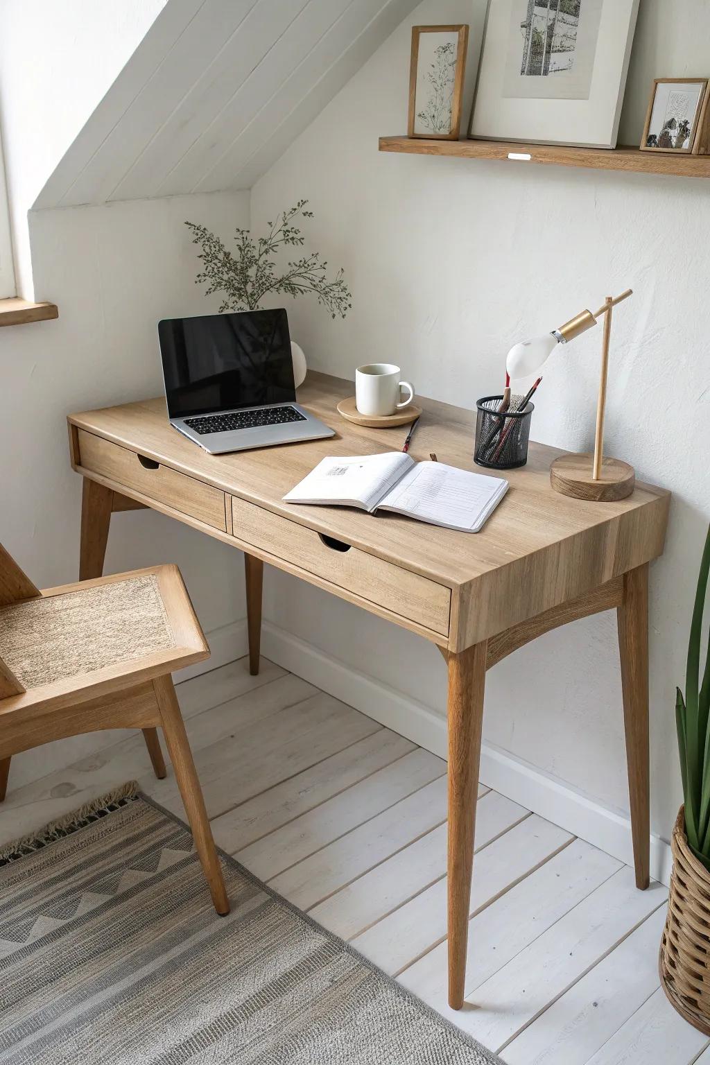 L-shaped corner desk layout: double the surface area, keep your small office calm and organized.