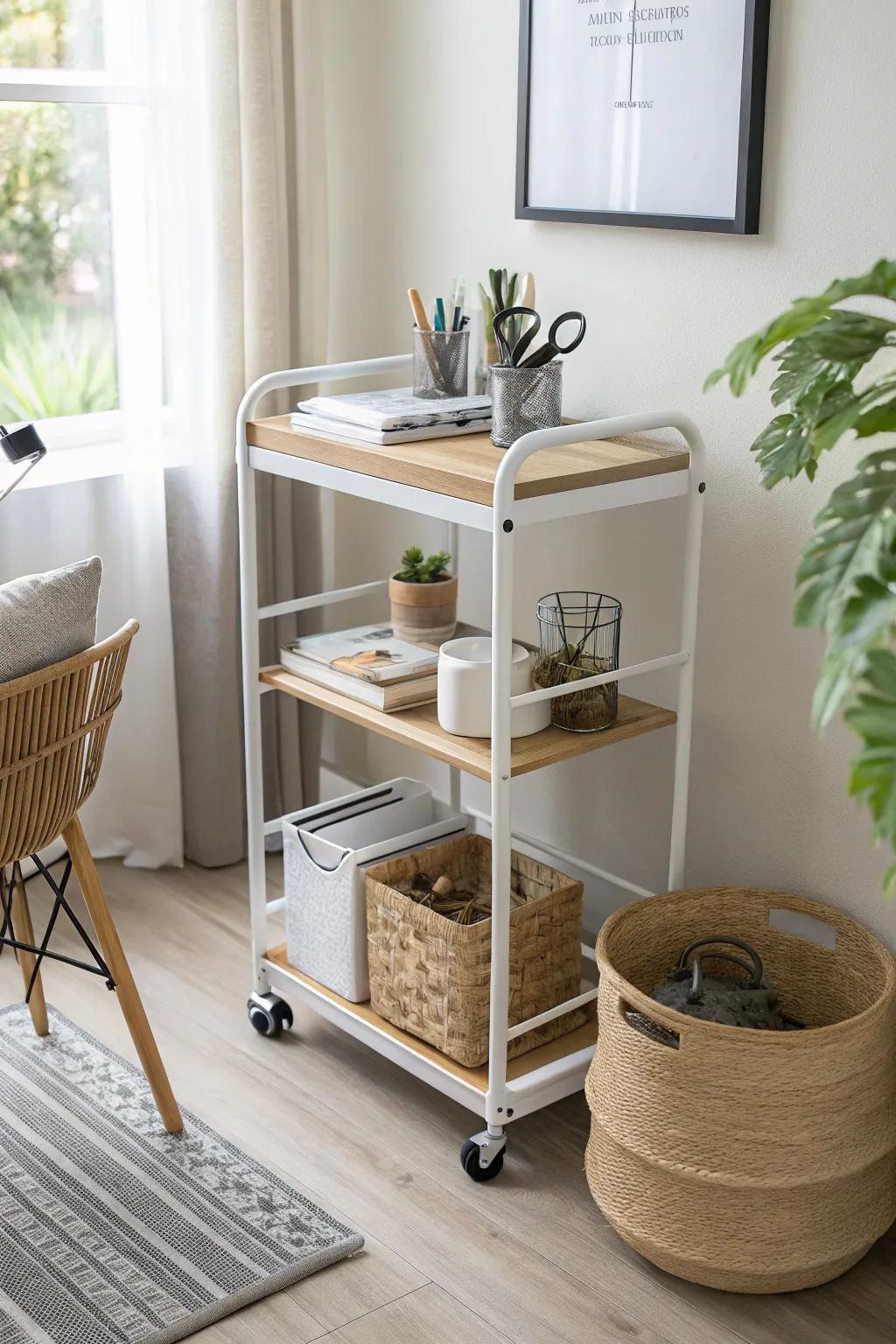 A slim rolling cart adds instant “extra drawers” to a small desk—essentials always within reach.