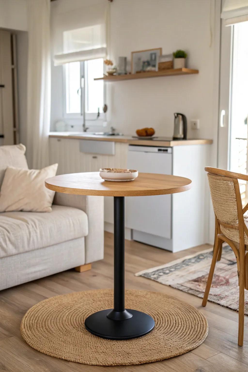 A tiny round bistro table creates a real dining zone between kitchen and sofa.