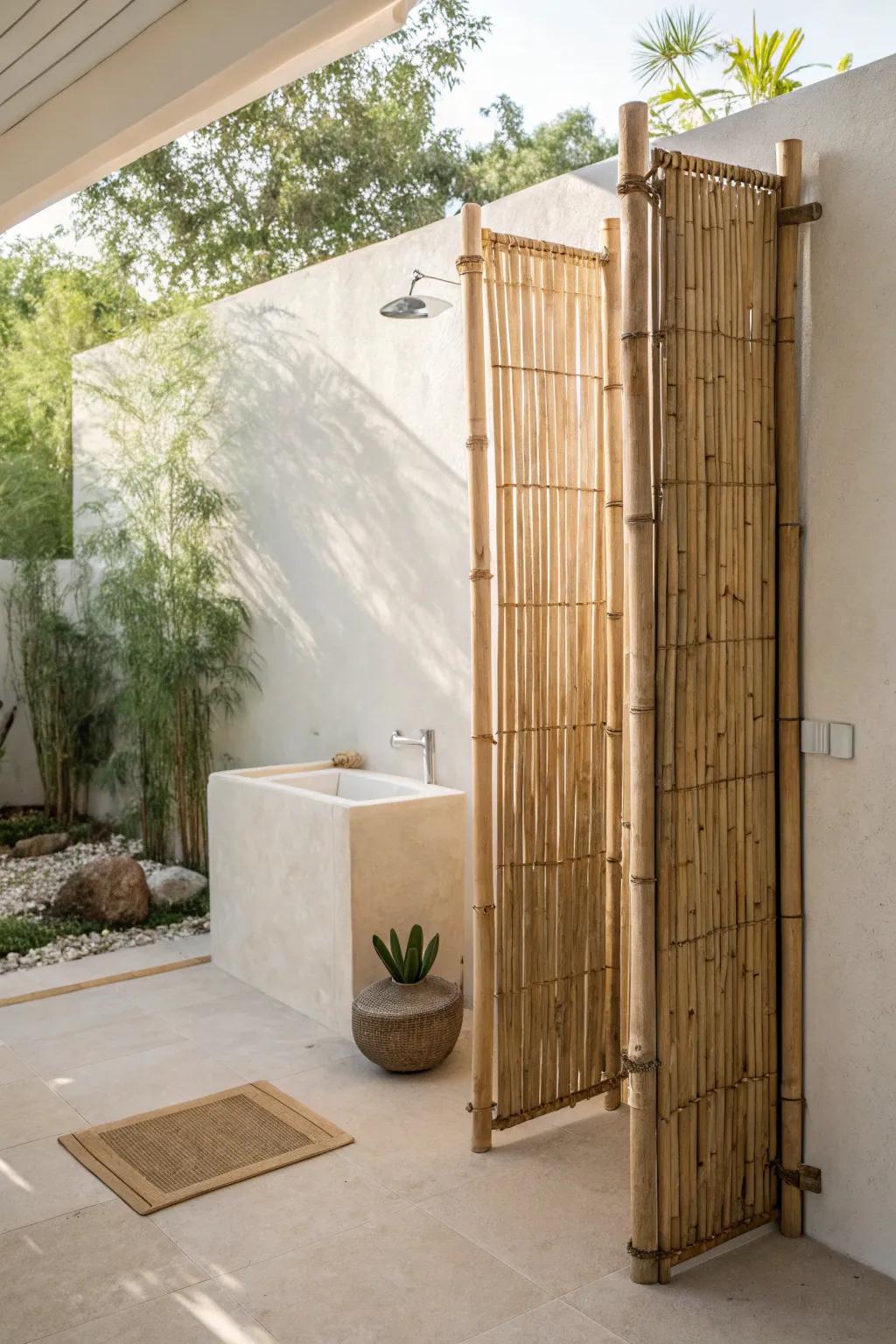 A bamboo screen adds instant privacy—airy, natural, and perfect for small outdoor bathrooms.