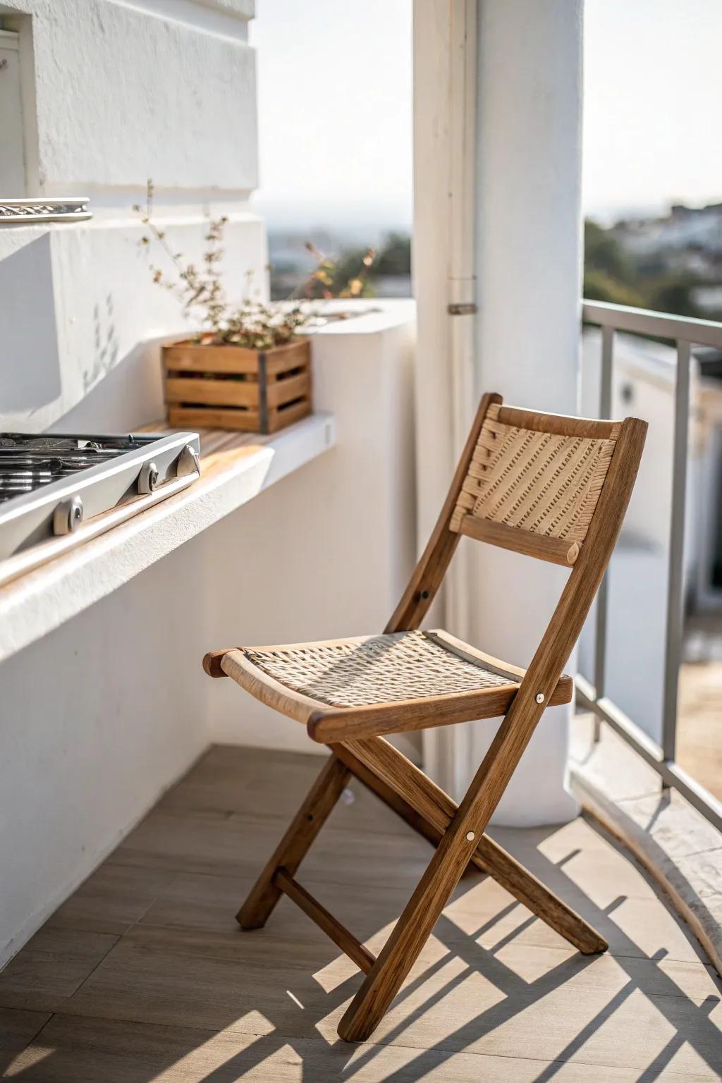 Space-saving style: a fold-flat chair that keeps your tiny BBQ area open day to day.