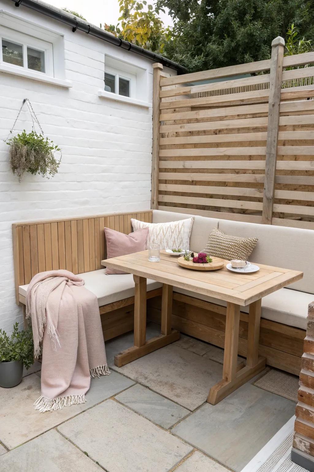 Turn a small patio corner into a cozy L-shaped outdoor dining nook with warm wood and soft linens.