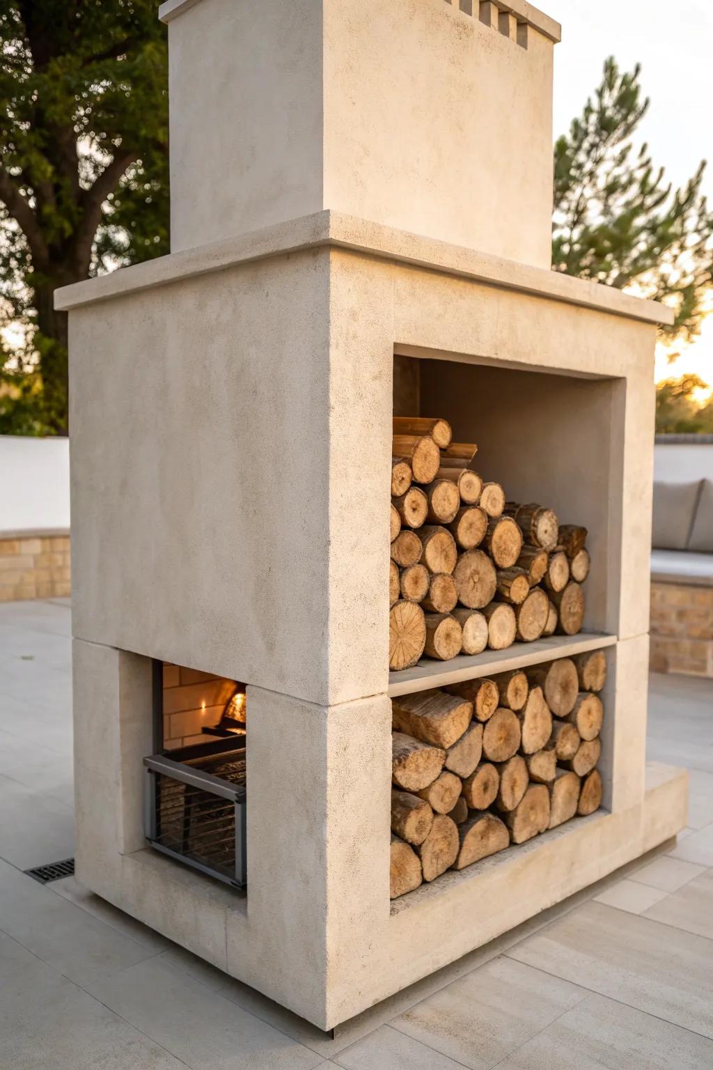 Built-in wood niche turns a small outdoor fireplace into tidy, effortless decor.