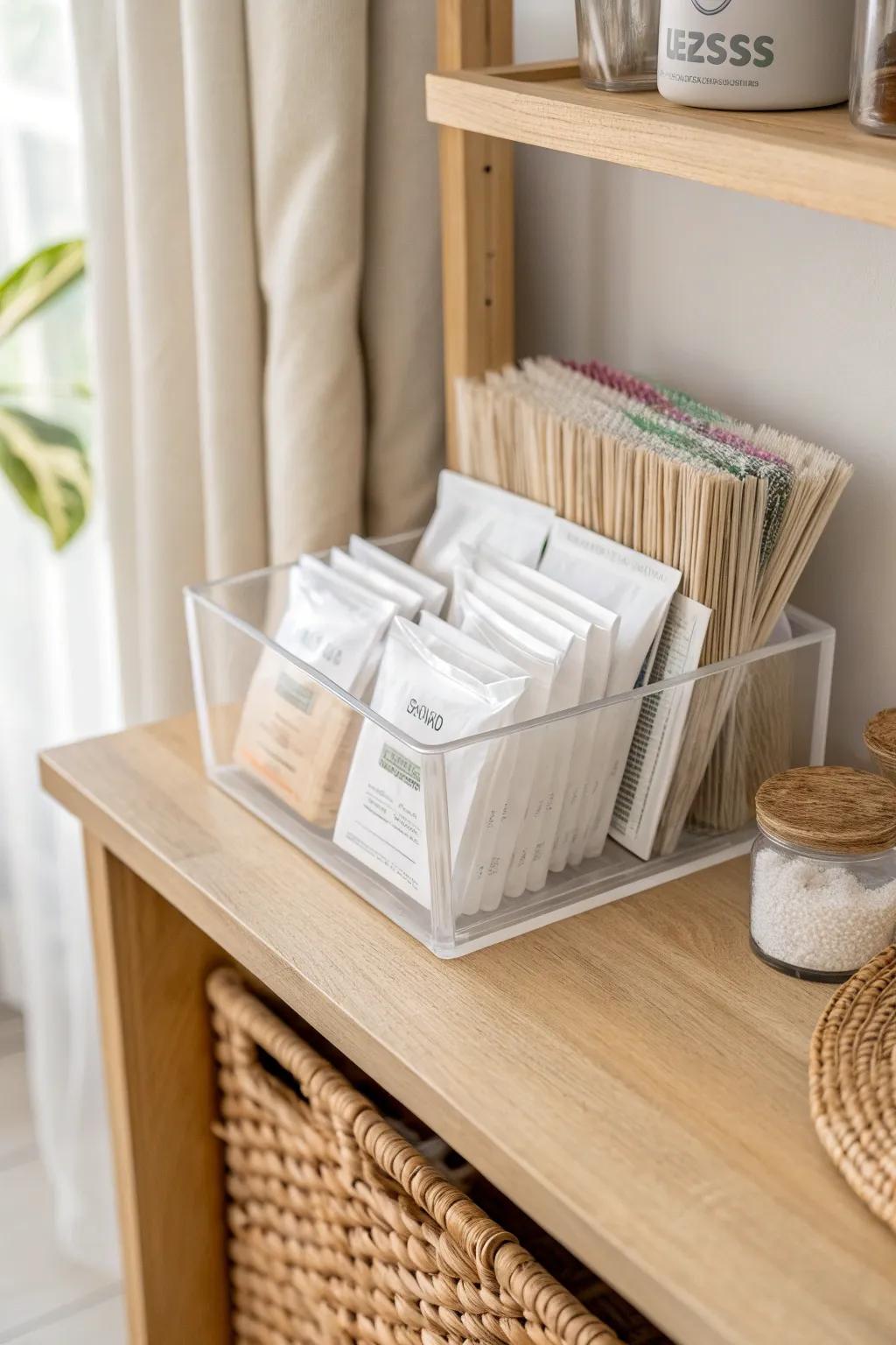 A single clear bin keeps tiny packets tidy—instant calm for even the smallest pantry.