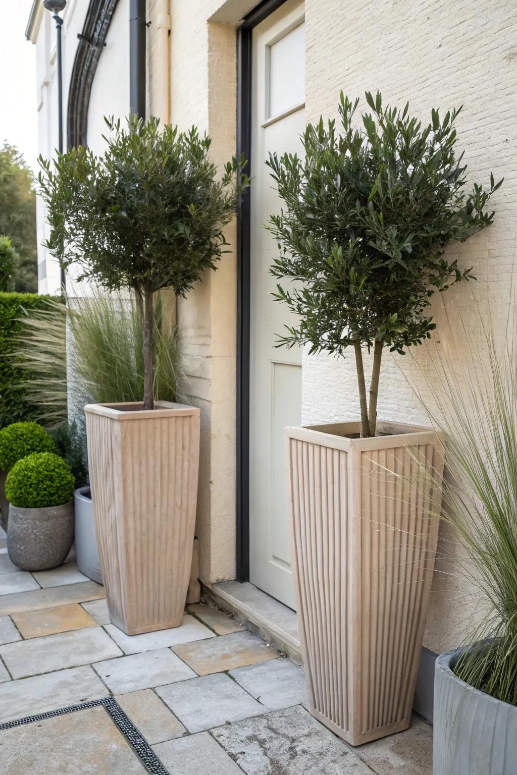 Two tall planters framing a tiny patio entrance—add height and instant “room” without clutter.