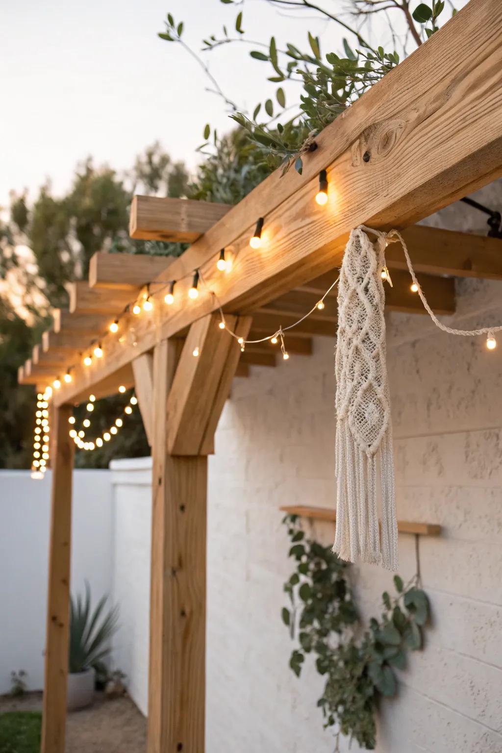 Warm string lights across pergola beams instantly make a tiny patio feel magical at dusk.
