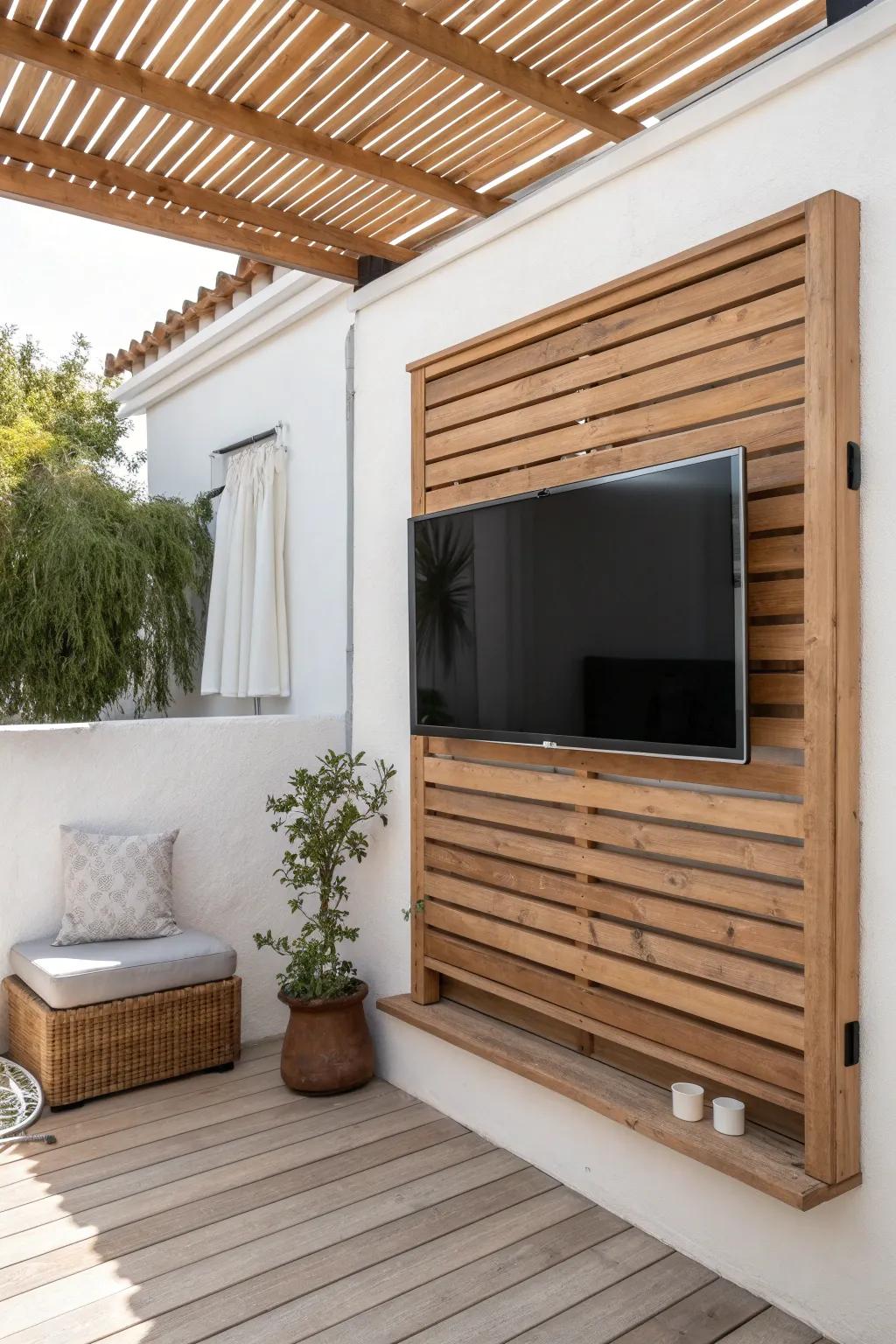 Corner-mounted patio TV keeps the walkway clear and turns tight spaces into a cozy lounge.