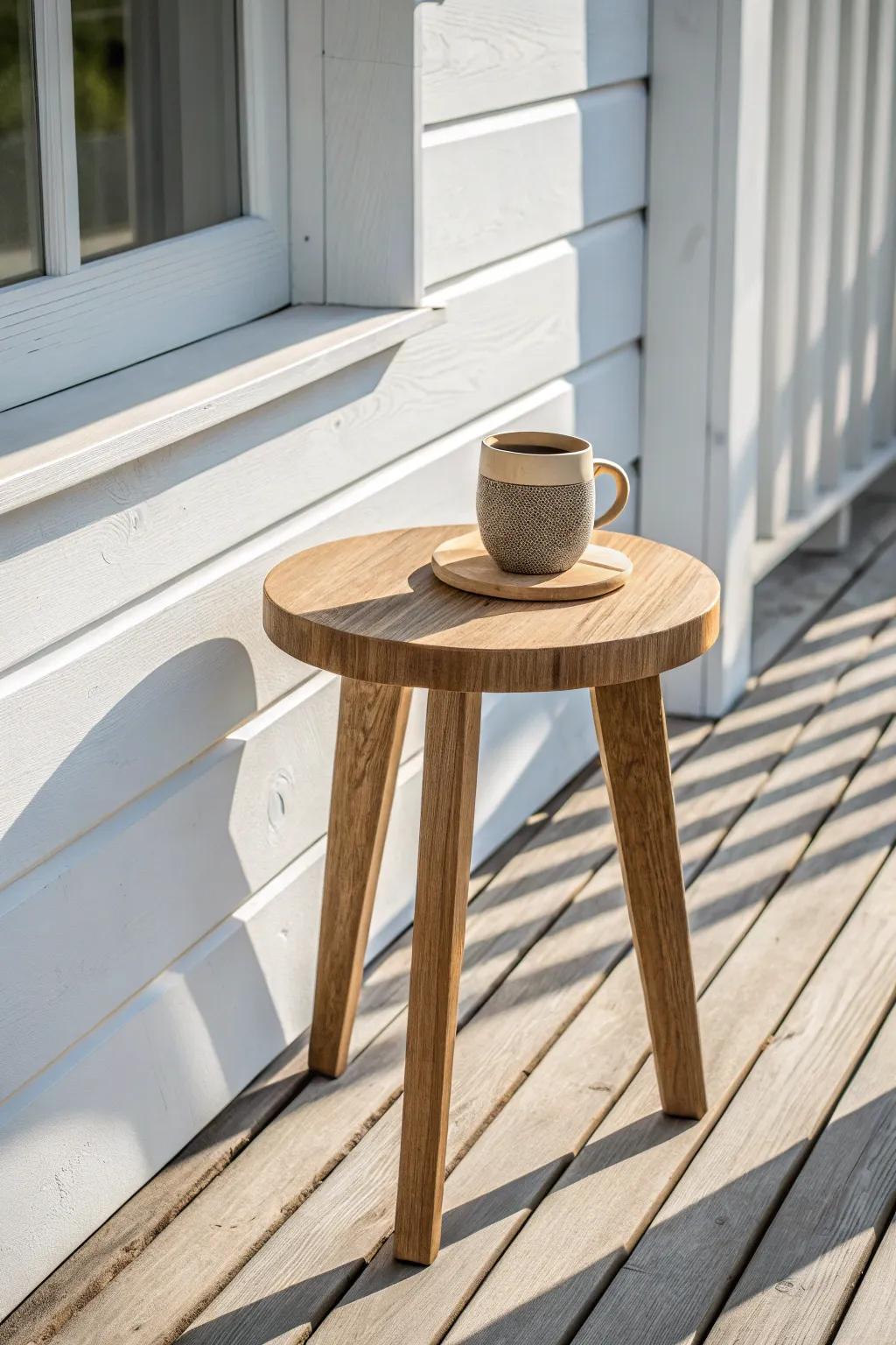 A tiny porch side table adds a stylish landing spot for coffee, keys, and small deliveries.