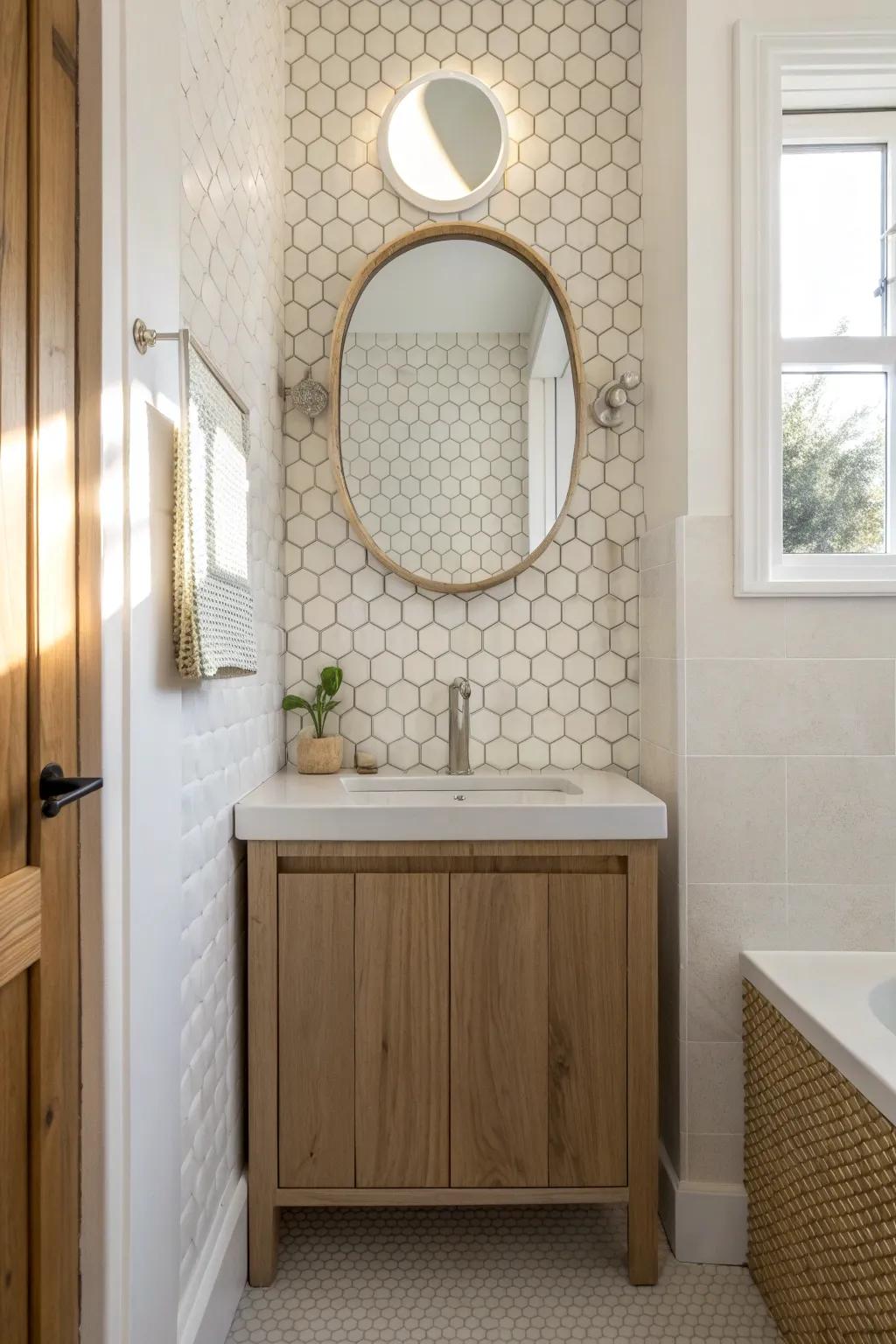 Creamy penny tile accent panel adds playful texture and handcrafted charm to a tiny powder room.