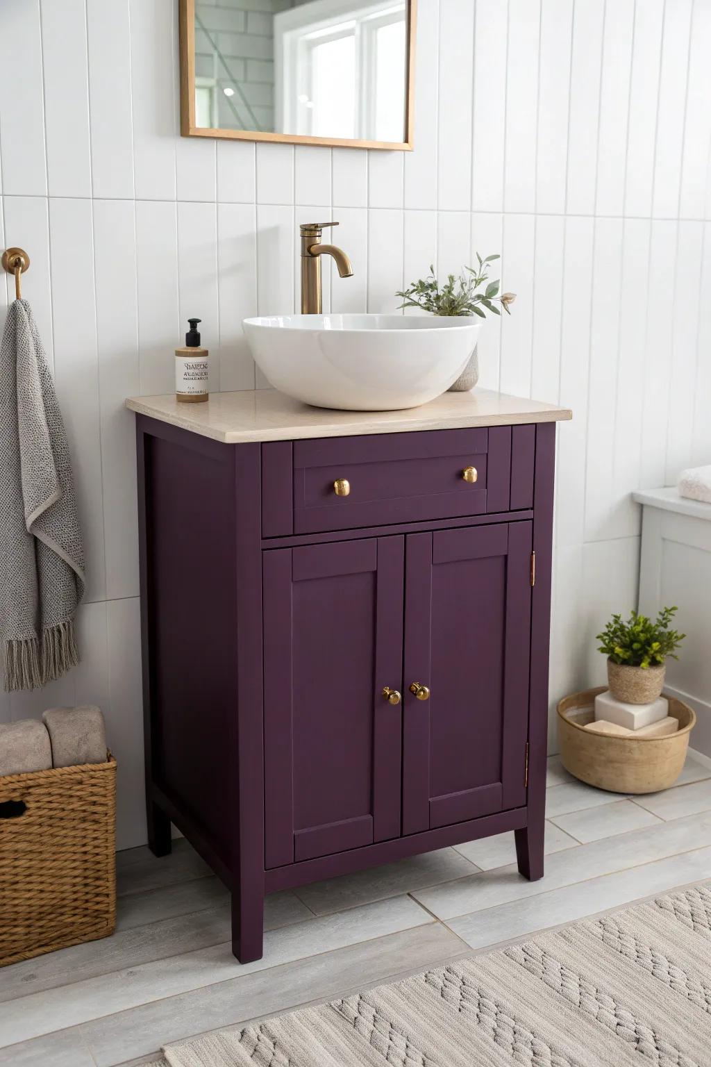 Deep purple vanity, bright white tiles—instant small-bath glow-up with bold contrast.