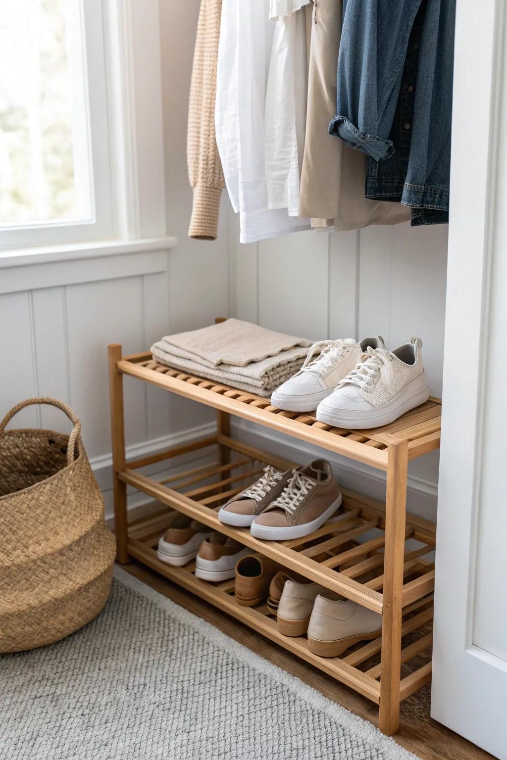 A low shoe rack turns the bottom of a reach-in closet into a calm, clutter-free shoe zone.
