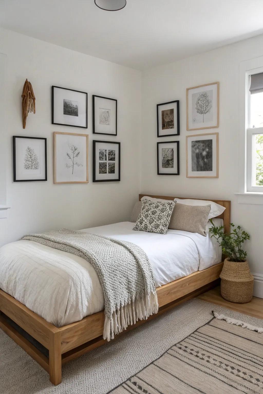 A wraparound gallery wall turns a corner bed into a curated focal point for small rooms.