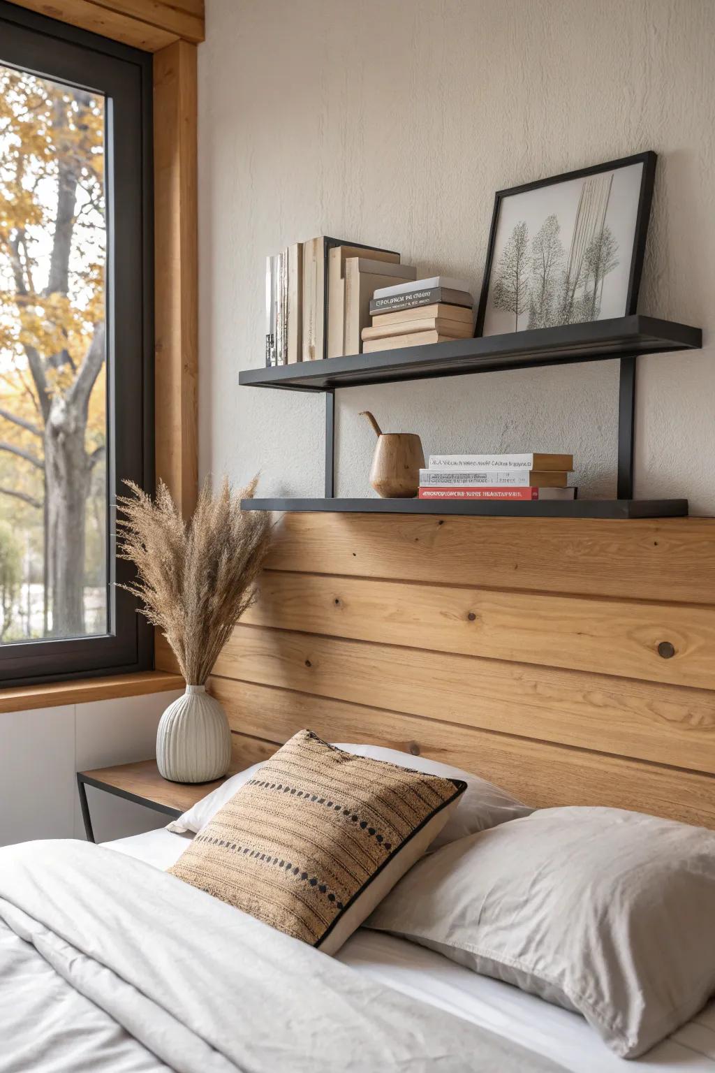 Floating shelf above the bed = extra storage with a clean, grown-up look in a small room.