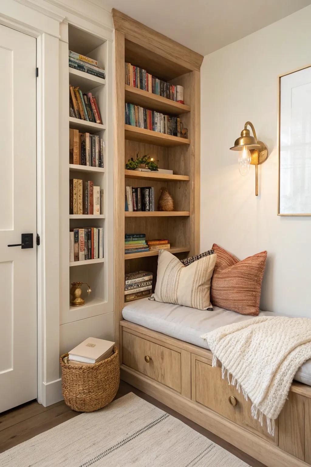 Turn a closet into a secret micro library with warm light, oak shelves, and a cushy bench.